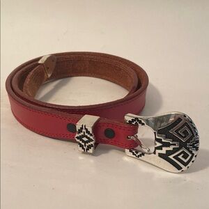 VTG Nacona Western Belt Red Leather SZ 34 Southwest Silver Buckle & Tip USA